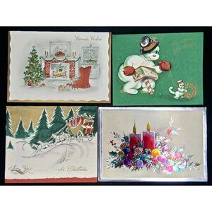 Vintage Christmas Greeting Card Set Of 4 Snowman Candles Holiday Ephemera 1940s